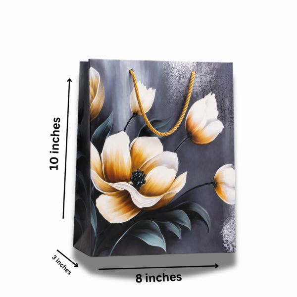 Elegant Floral Gift Bag – White & Yellow Flowers on Dark Blue