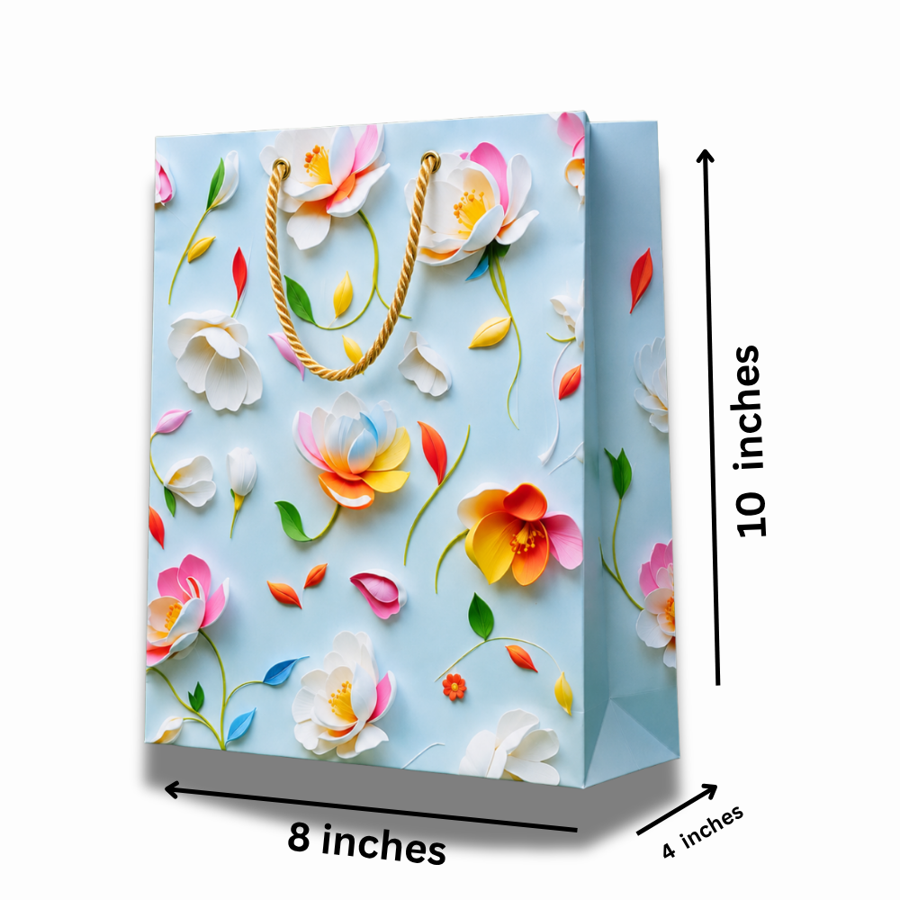 Elegant Floral Print Gift Bag with Rope Handle | Premium 3D Flower Design Paper Bag for Gifts
