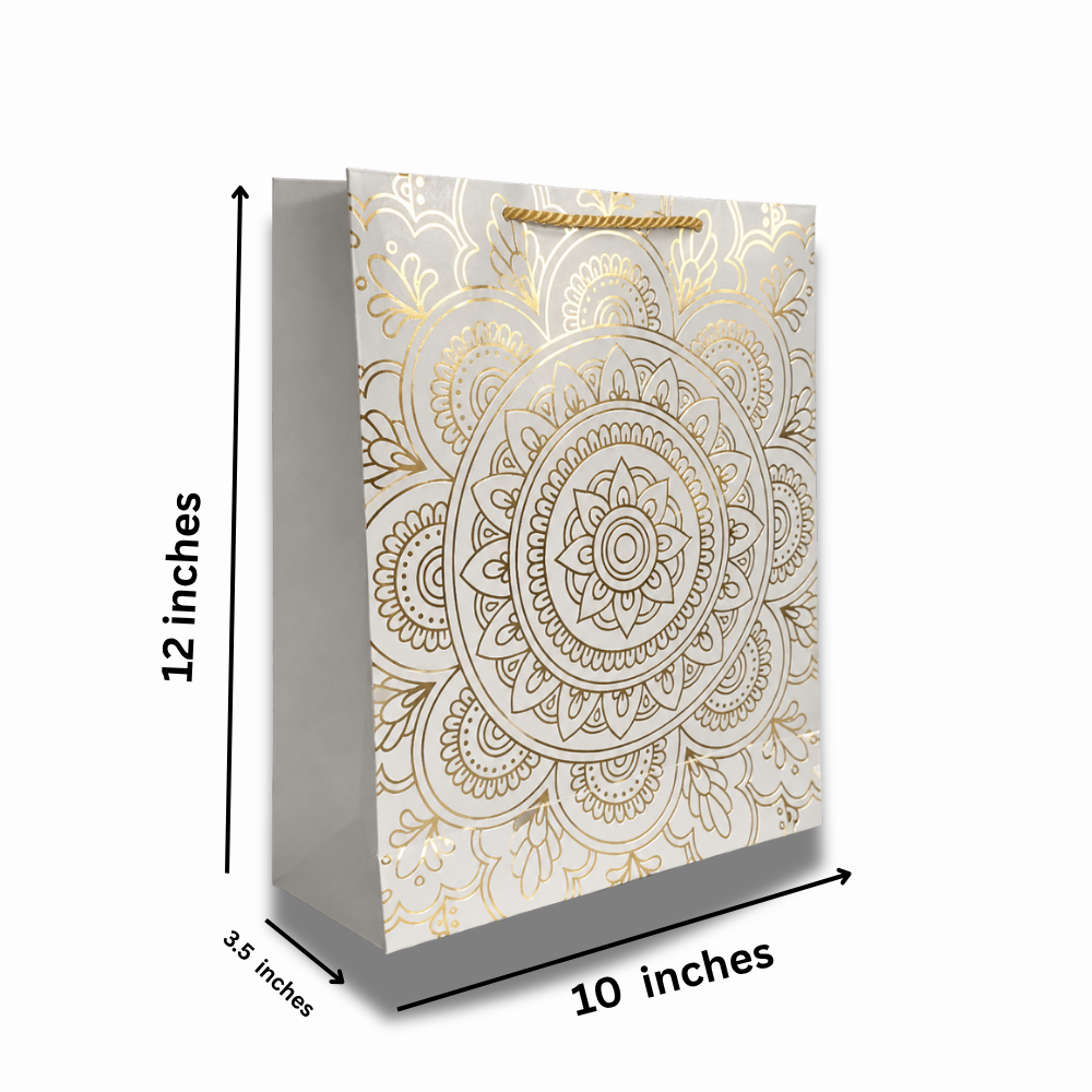 Premium Gold Foil Mandala Paper Gift Bag – 10x12x3.5 Inches | 250 GSM | Luxury Reusable Bag