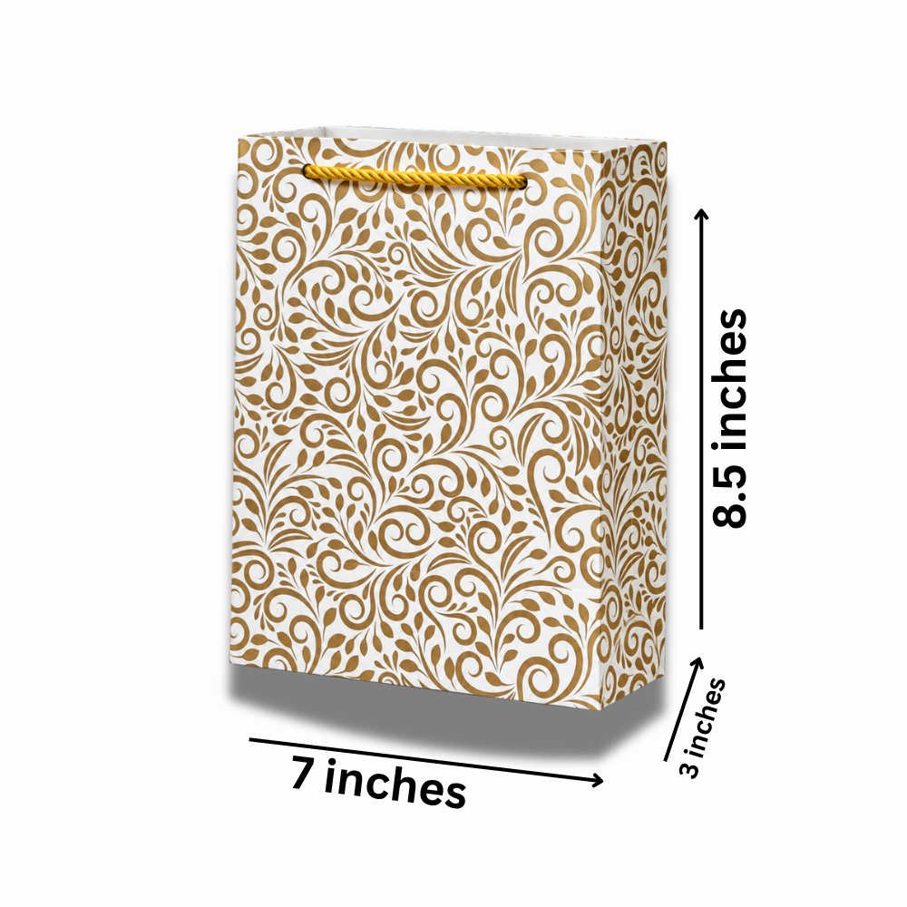 Premium Gold Floral Printed Paper Gift Bag with Rope Handle (7 × 8.5 × 3 Inch)