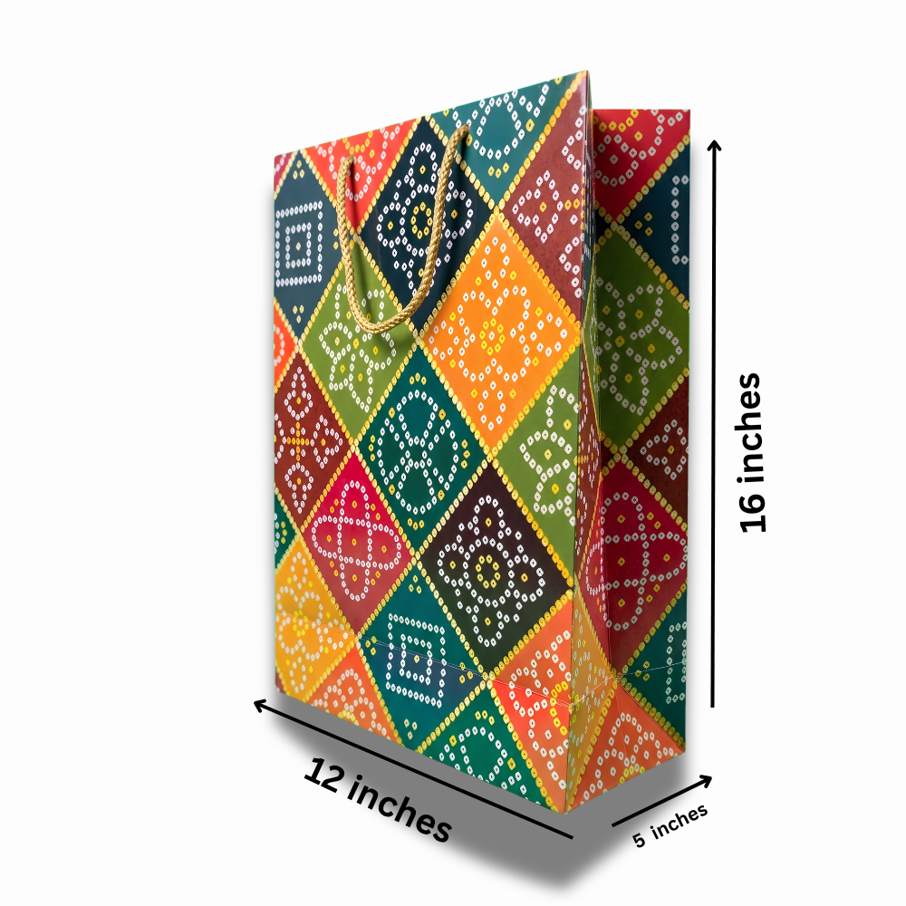 Large Ethnic Printed Paper Gift Bag with Rope Handle (12 × 16 × 5 Inch)