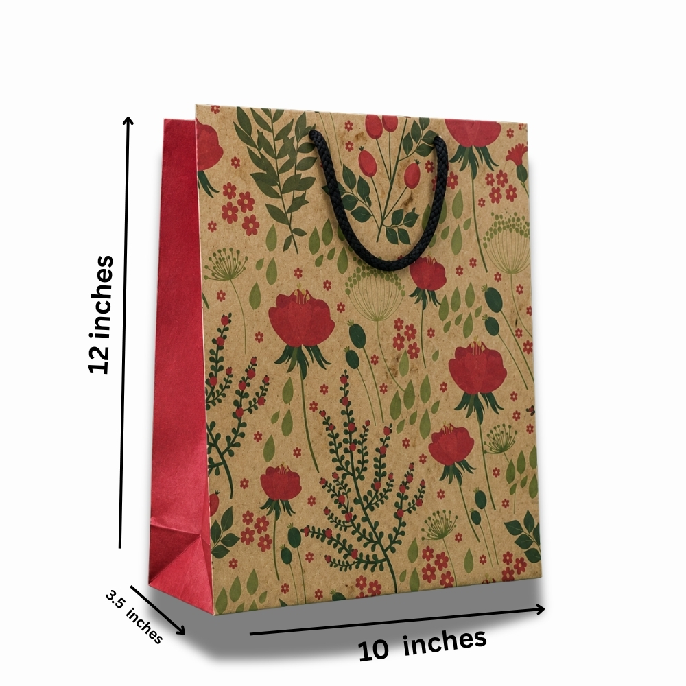Brown Botanical Floral Kraft Paper Gift Bag with Rope Handle (10 × 12 × 3.5 Inch)
