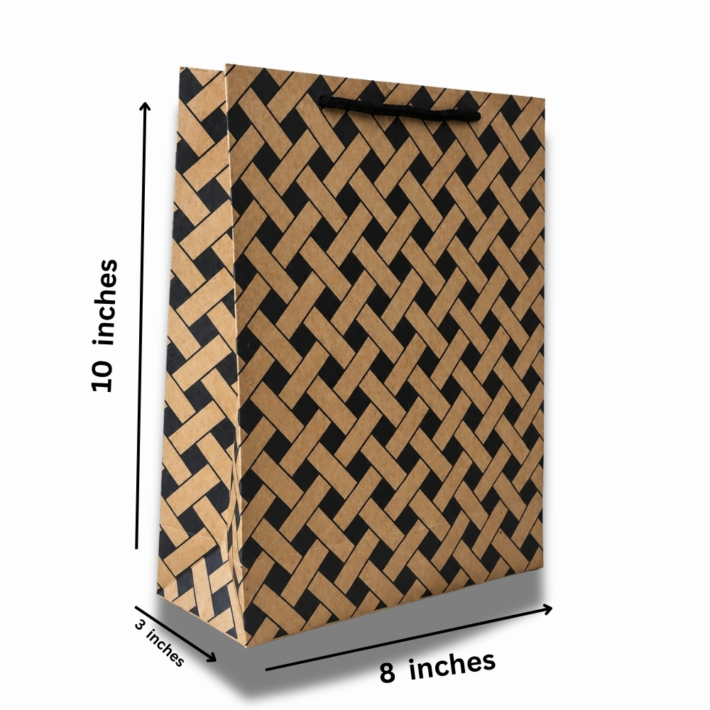 Brown Geometric Woven Kraft Paper Gift Bag with Rope Handle (8 × 10 × 3 Inch)