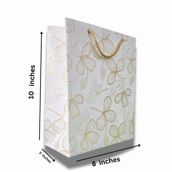 Elegant Floral White Gift Bag with Gold Rope (8 × 10 × 3 Inch)