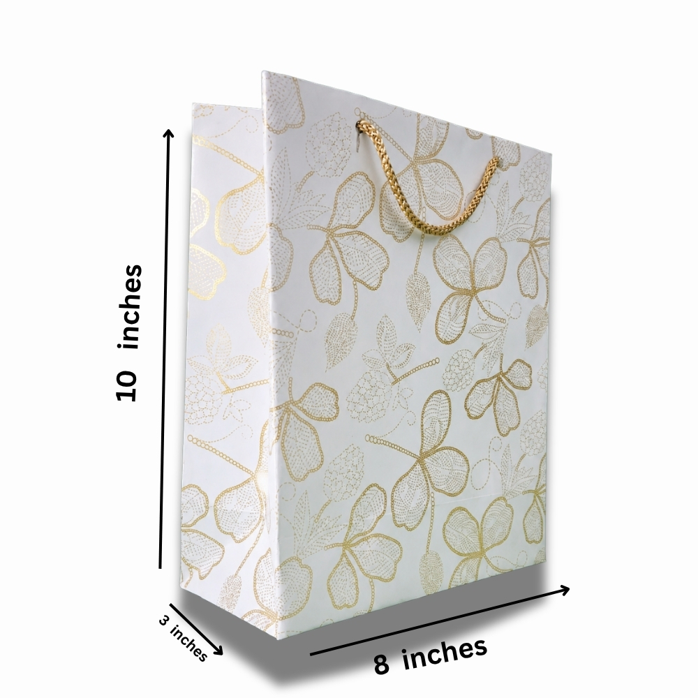 Elegant Floral White Gift Bag with Gold Rope (8 × 10 × 3 Inch)