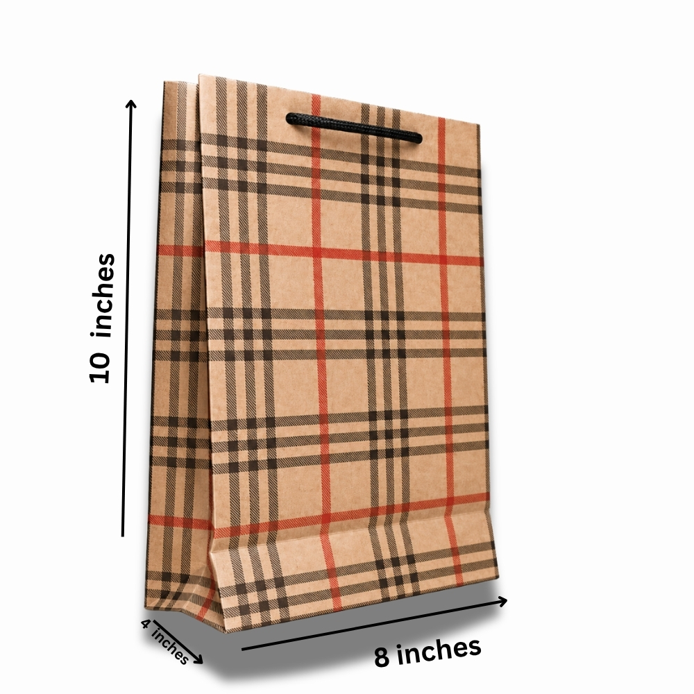 Brown Premium Checkered Kraft Paper Gift Bag (8 × 10 × 4 Inch)