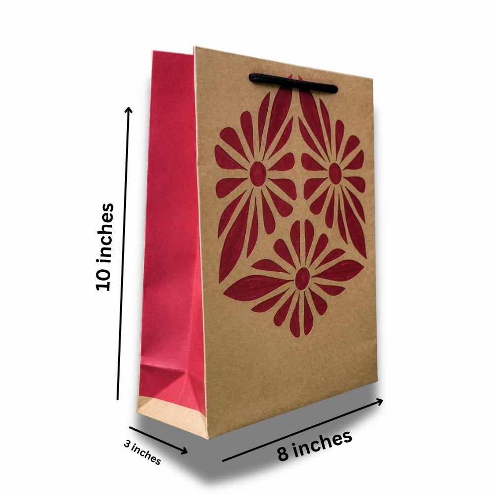 Brown Floral Kraft Paper Gift Bag with Rope Handle (8 × 10 × 3 Inch)